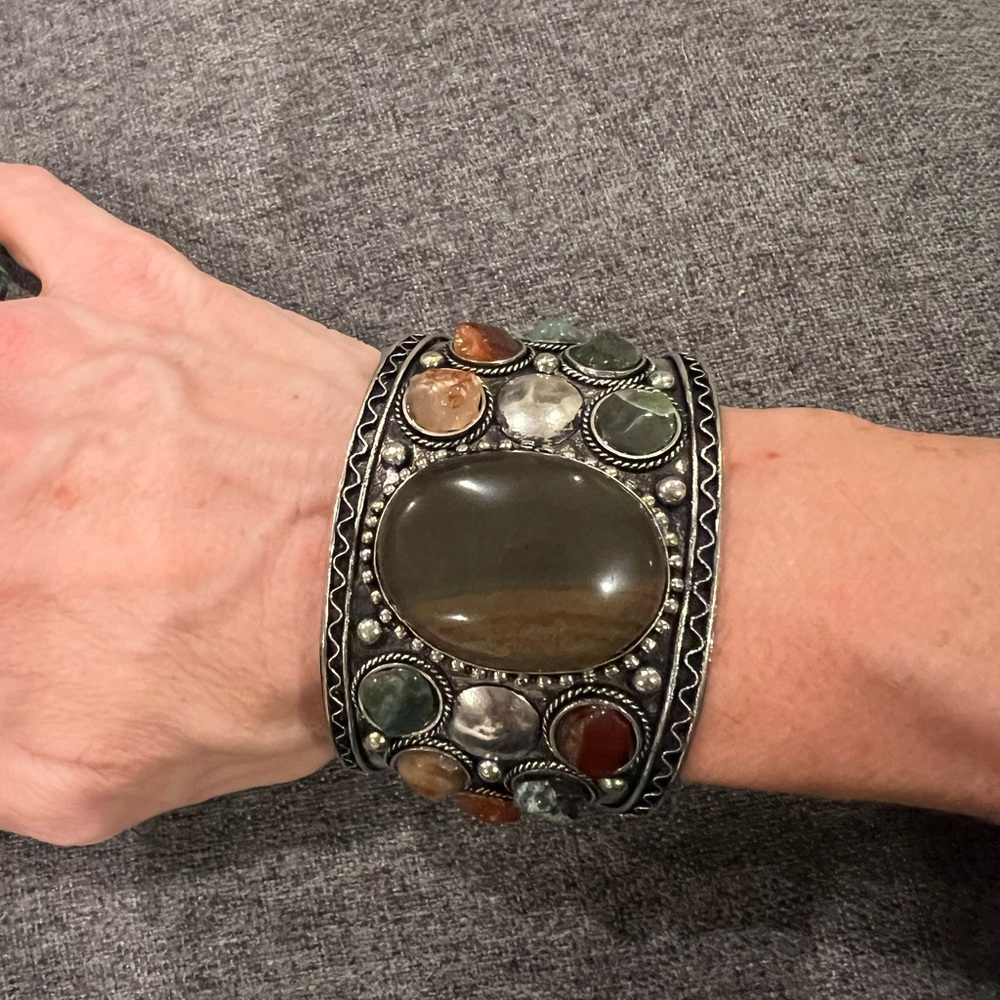 Beautiful Multi Colored Stone Silver Cuff Bracelet - image 2